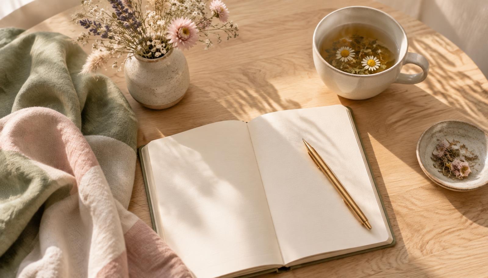 Quaderno aperto con penna, tisana e fiori secchi su un tavolo di legno